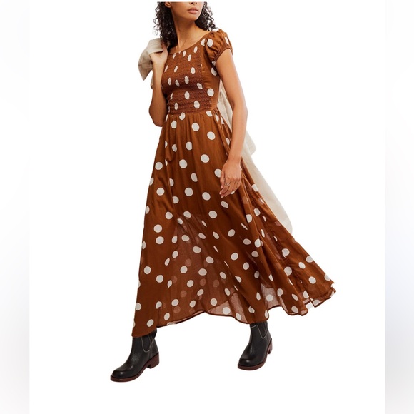 Free People Ultraviolet Polka Dot Print Scoop Neck Short Sleeve Maxi Dress - Picture 1 of 7